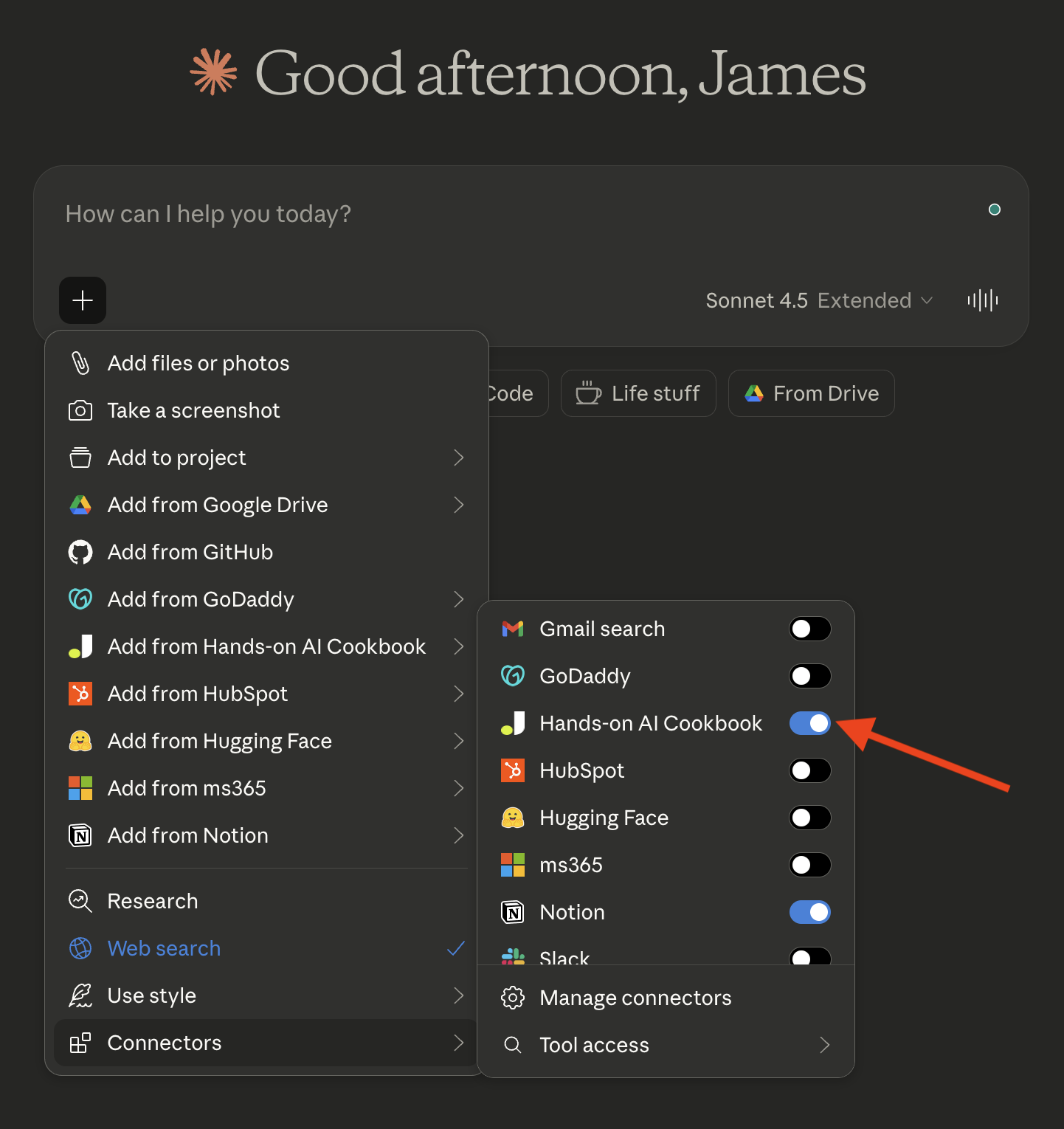 Hands-on AI Playbook MCP connector enabled in Claude showing available connectors list