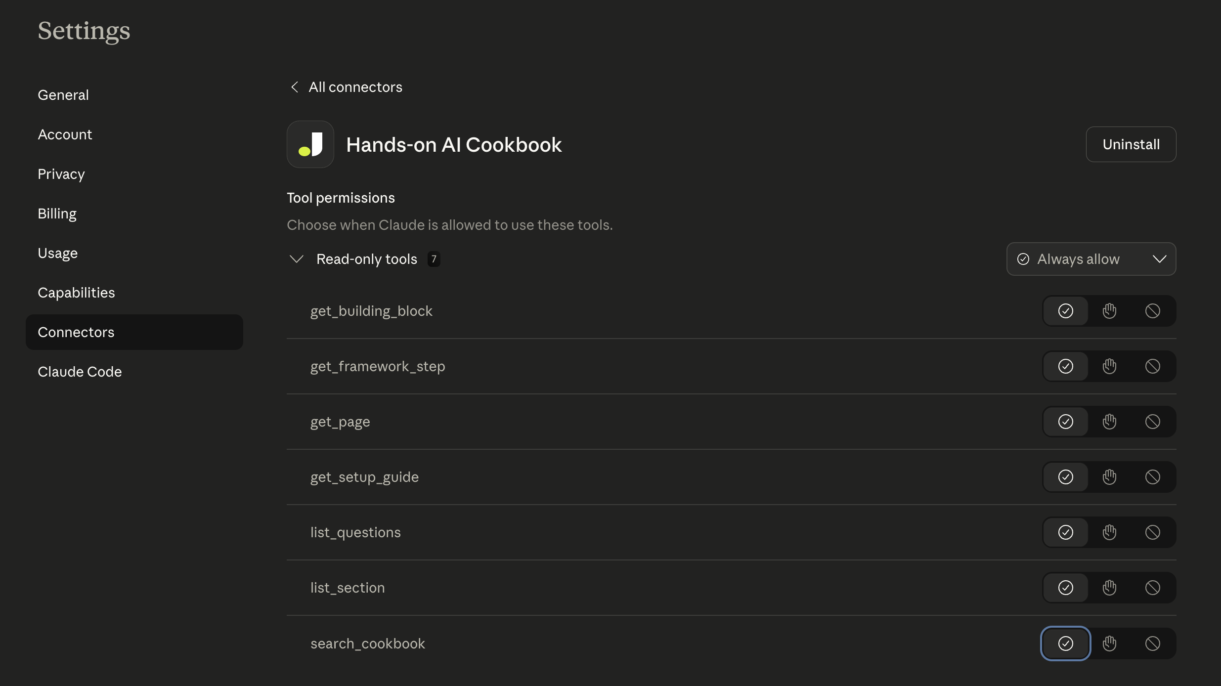 Claude Settings showing per-tool permissions for the Hands-on AI Playbook MCP connector