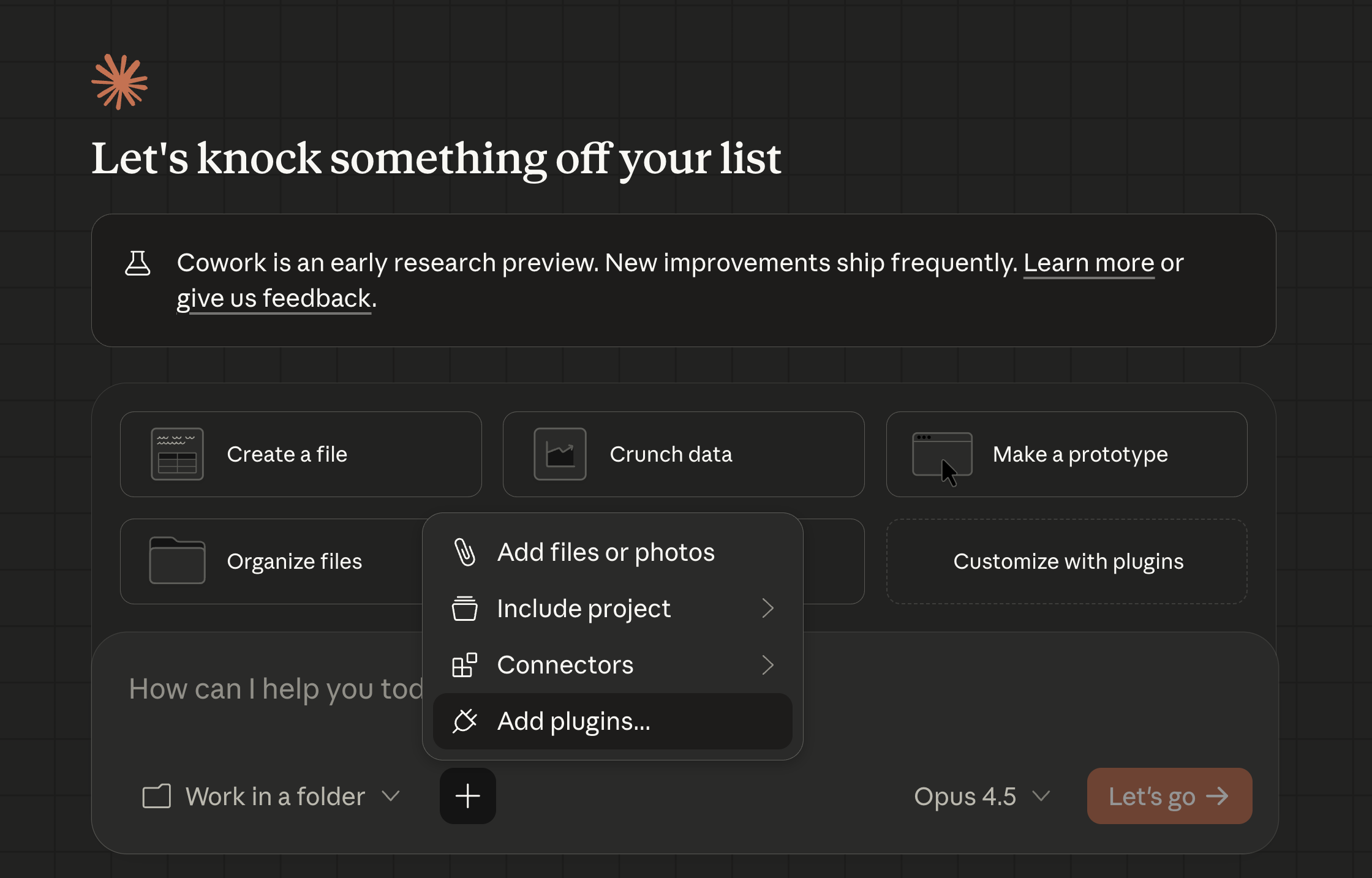 Cowork add plugins menu — click the + button, then select "Add plugins..."